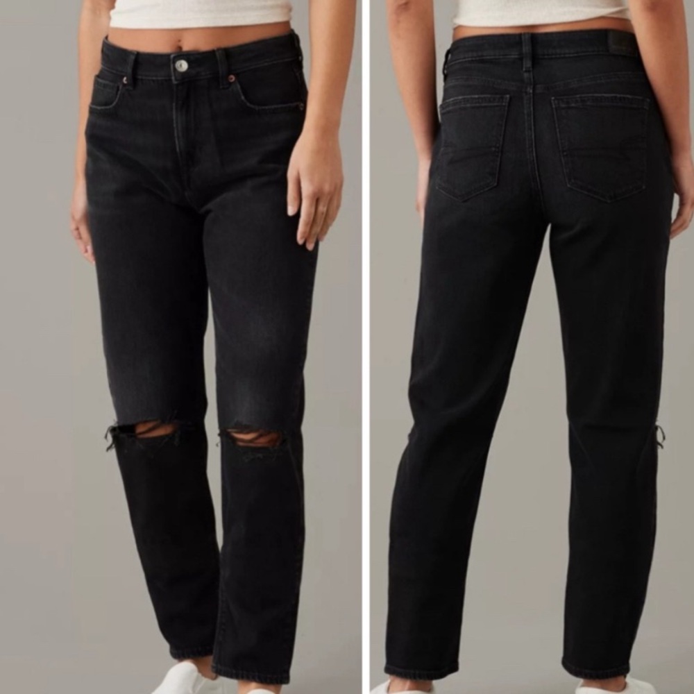 American Eagle Mom Jean Strigid Black Denim Jeans Womens 0 Distressed NWT